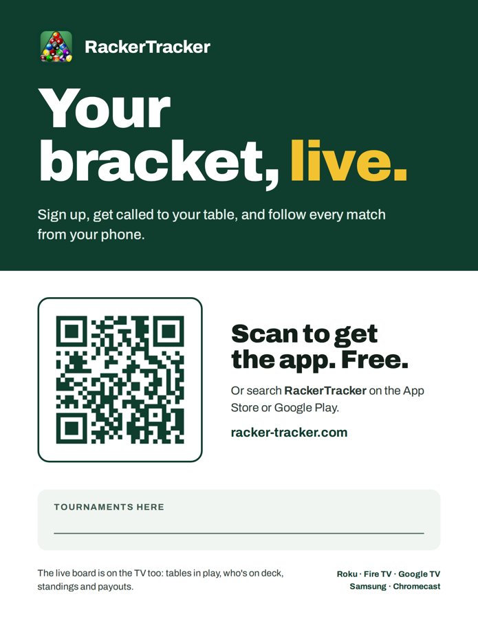 RackerTracker venue poster: Your bracket, live. Scan to get the app.